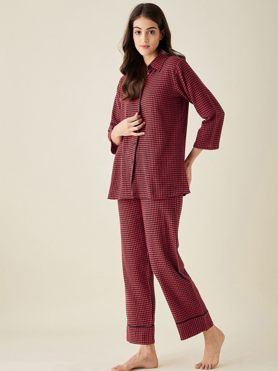 Women The Kaftan Company | Herringbone Cotton Pyjama Set - The Kaftan Company Red