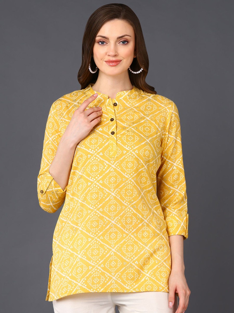 Women Ahika | Women'S Cotton Blend Geometric Printed Topahika Yellow