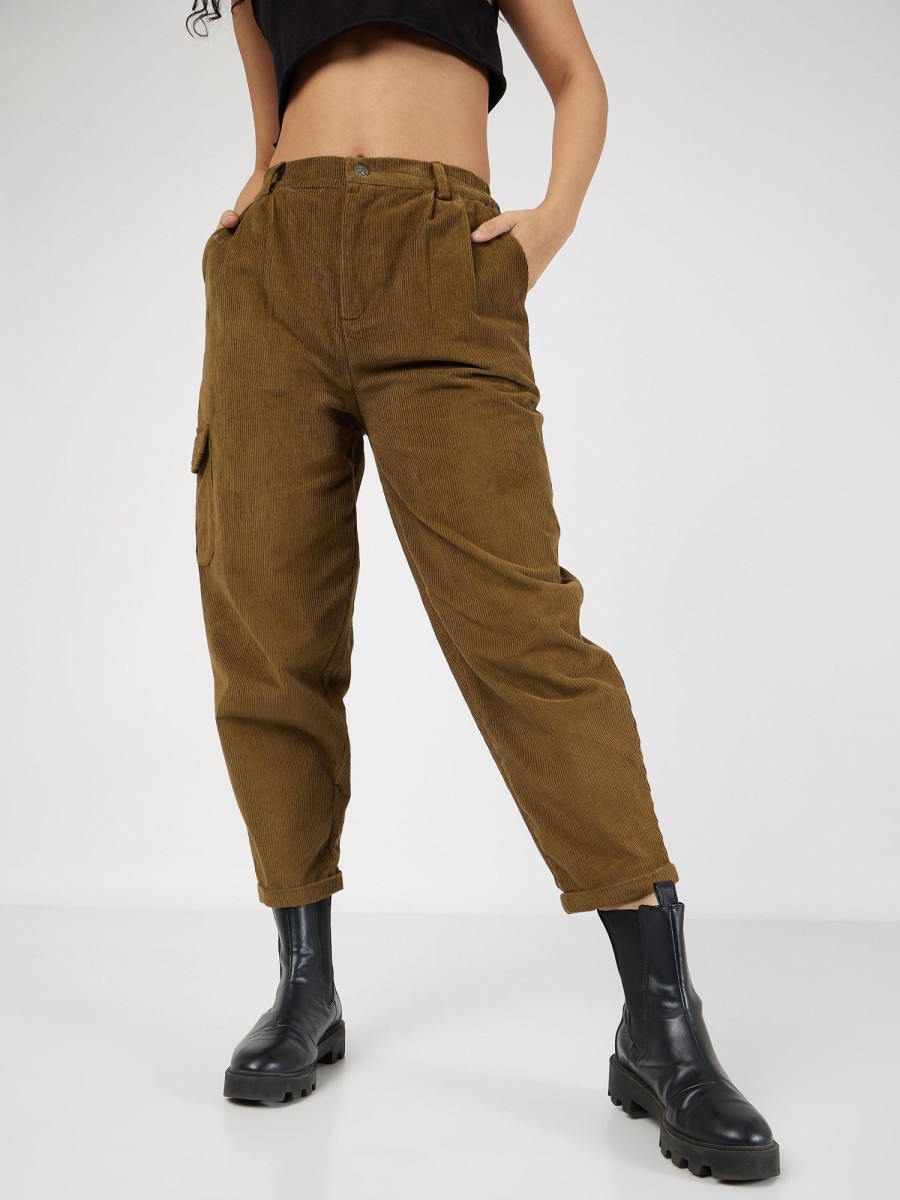 Women Lyush | Women'S Beige Corduroy Carrot Fit Pants - Lyush