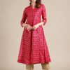 Women Varanga | Women'S Fuchsia And Gold Bandhej Foil Printed Anarkali Kurta With 3/4Th Sleeves - Varanga