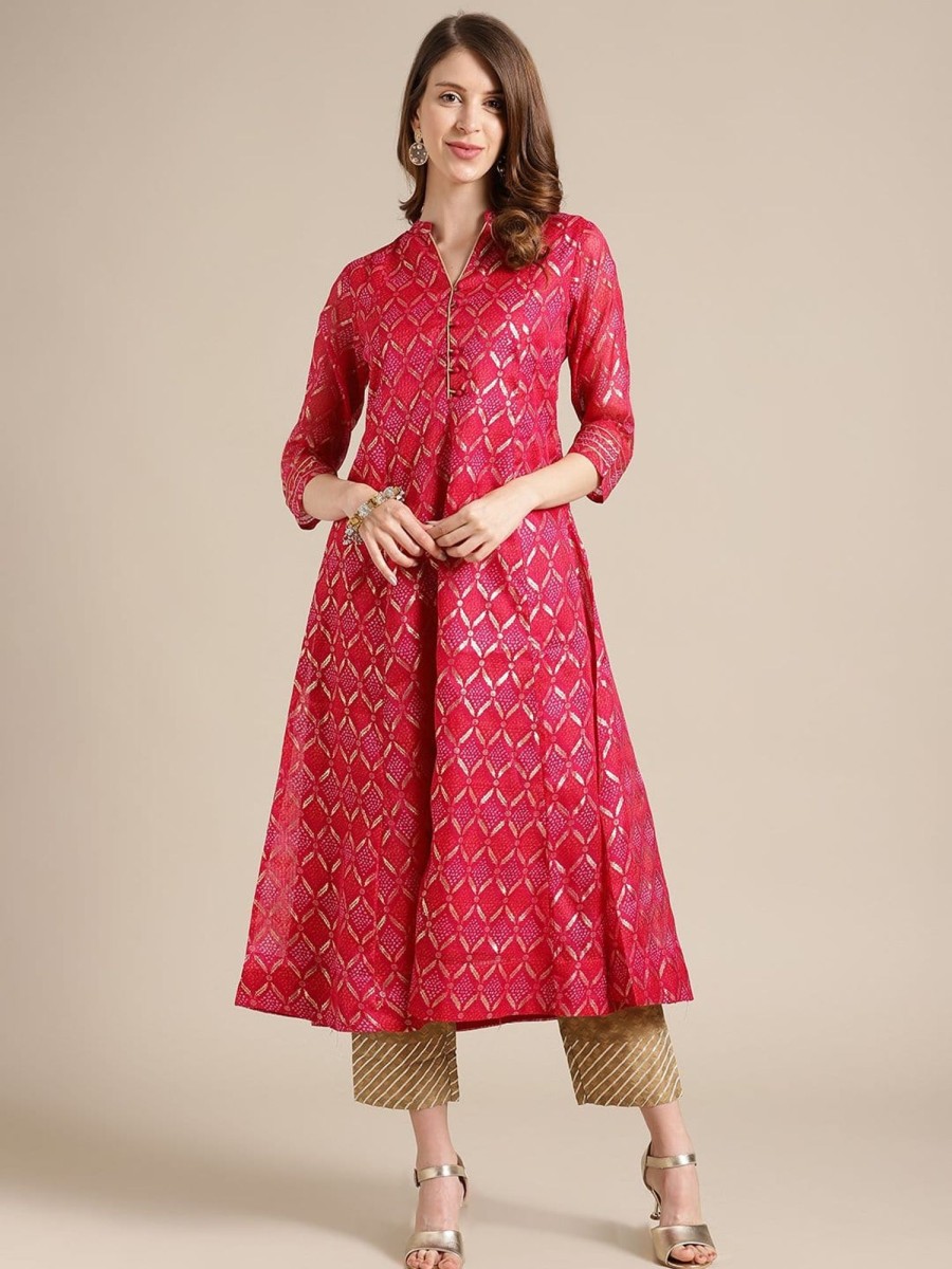 Women Varanga | Women'S Fuchsia And Gold Bandhej Foil Printed Anarkali Kurta With 3/4Th Sleeves - Varanga