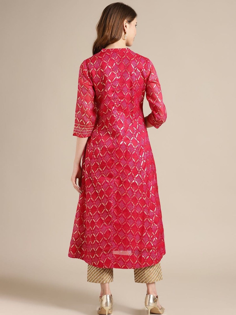 Women Varanga | Women'S Fuchsia And Gold Bandhej Foil Printed Anarkali Kurta With 3/4Th Sleeves - Varanga