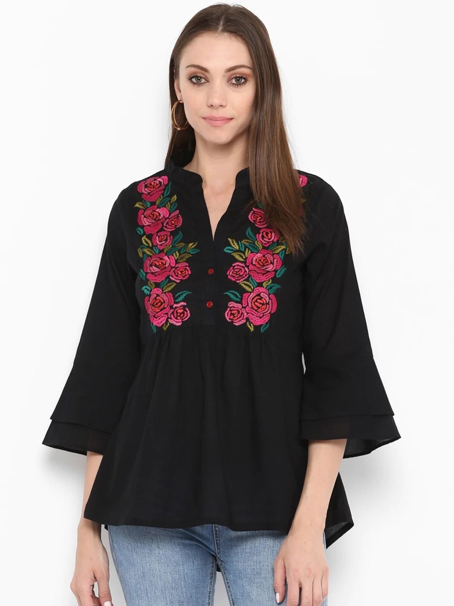 Women Wahe-NOOR | Women'S Black Floral Printed Top - Wahe-Noor