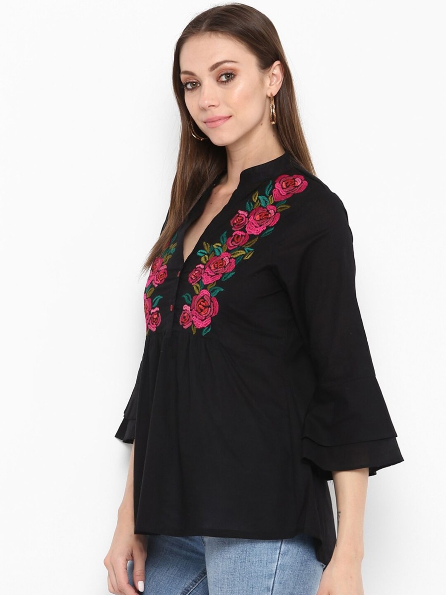 Women Wahe-NOOR | Women'S Black Floral Printed Top - Wahe-Noor