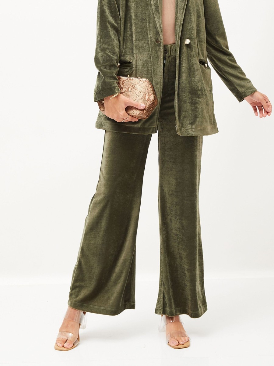 Women Lyush | Women'S Olive Velvet Bell Bottom Pants - Lyush