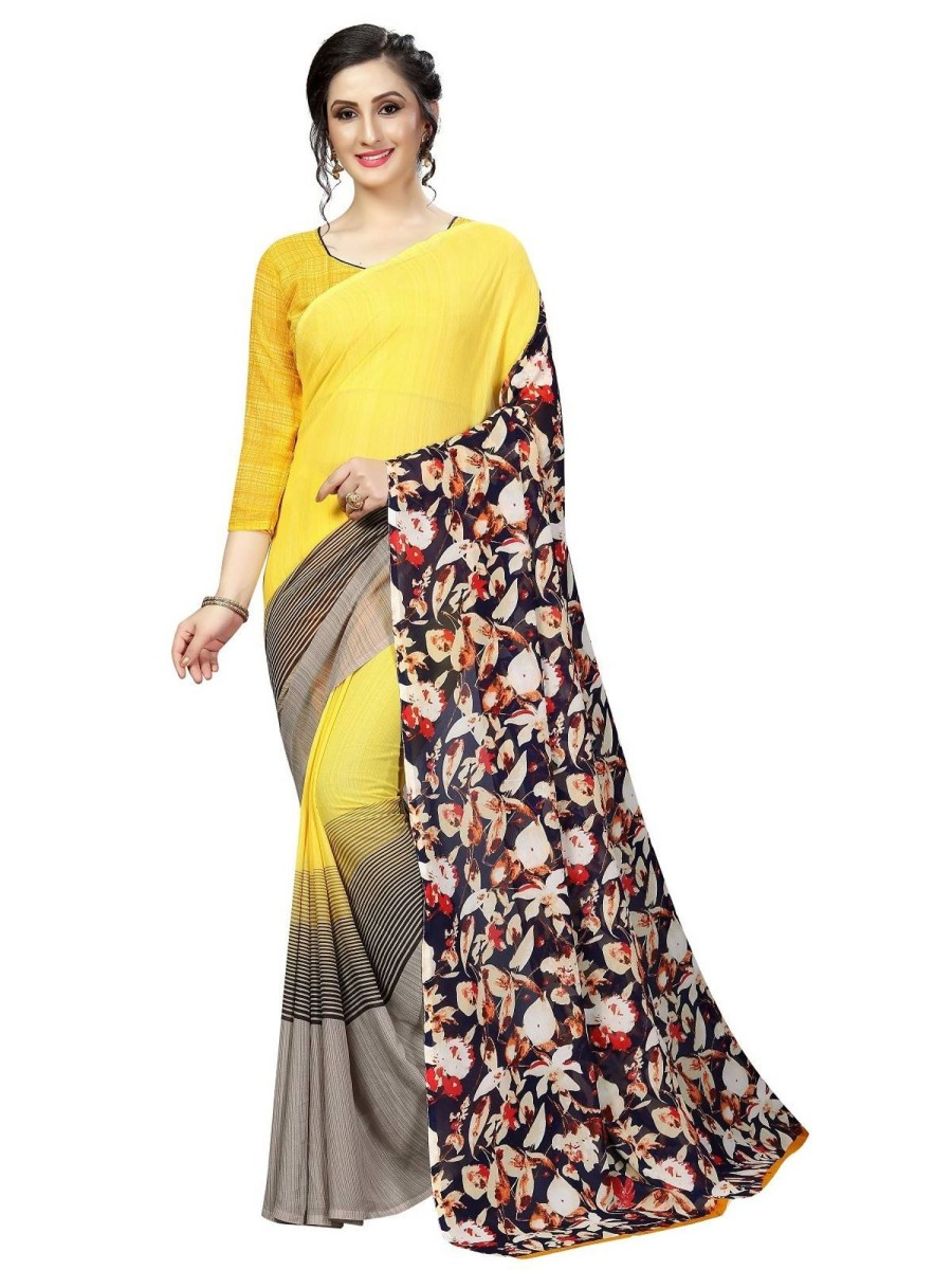 Women Vamika | Women'S Vamika Georgette Printed Half U0026 Half Saree Shiv Vamika Yellow