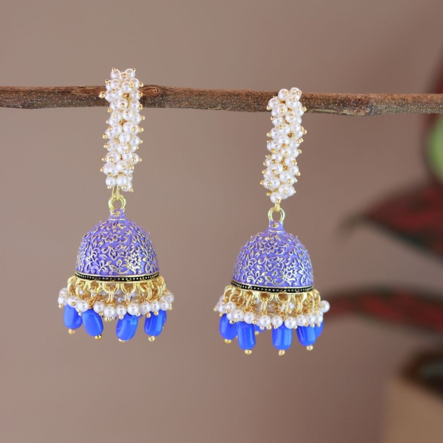 Jewellery I Jewels | Women'S Gold Plated Traditional Meenakari Handcrafted Pearl Jhumki Earrings (E3072Bl) - I Jewels Blue