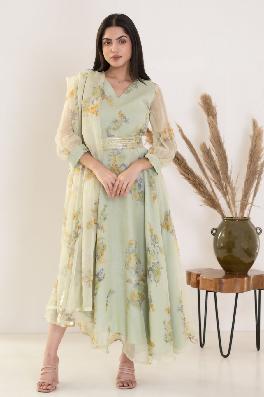 Women SARAS THE LABEL | Women'S Olive Flower Print Gown - Saras The Label