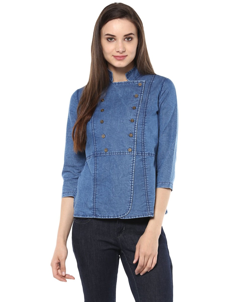 Women StyleStone | Women'S Denim Double Breast Top - Stylestone Blue