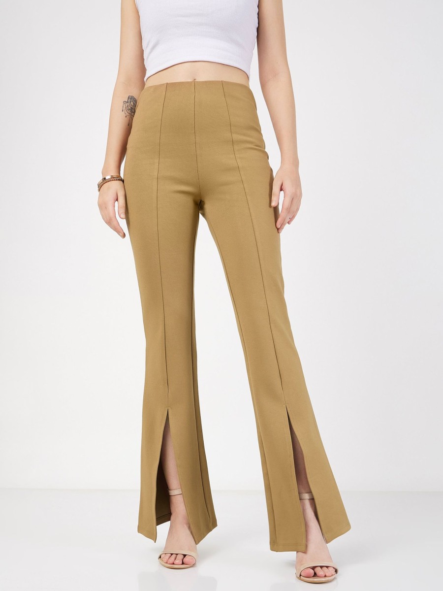 Women Lyush | Women'S Beige Roma Front Slit Bell Bottom Pants - Lyush