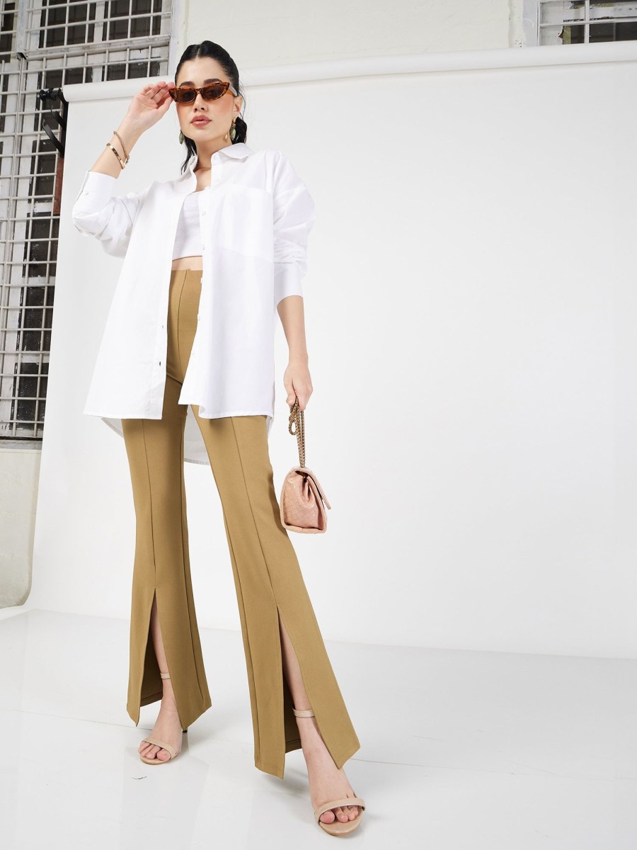 Women Lyush | Women'S Beige Roma Front Slit Bell Bottom Pants - Lyush