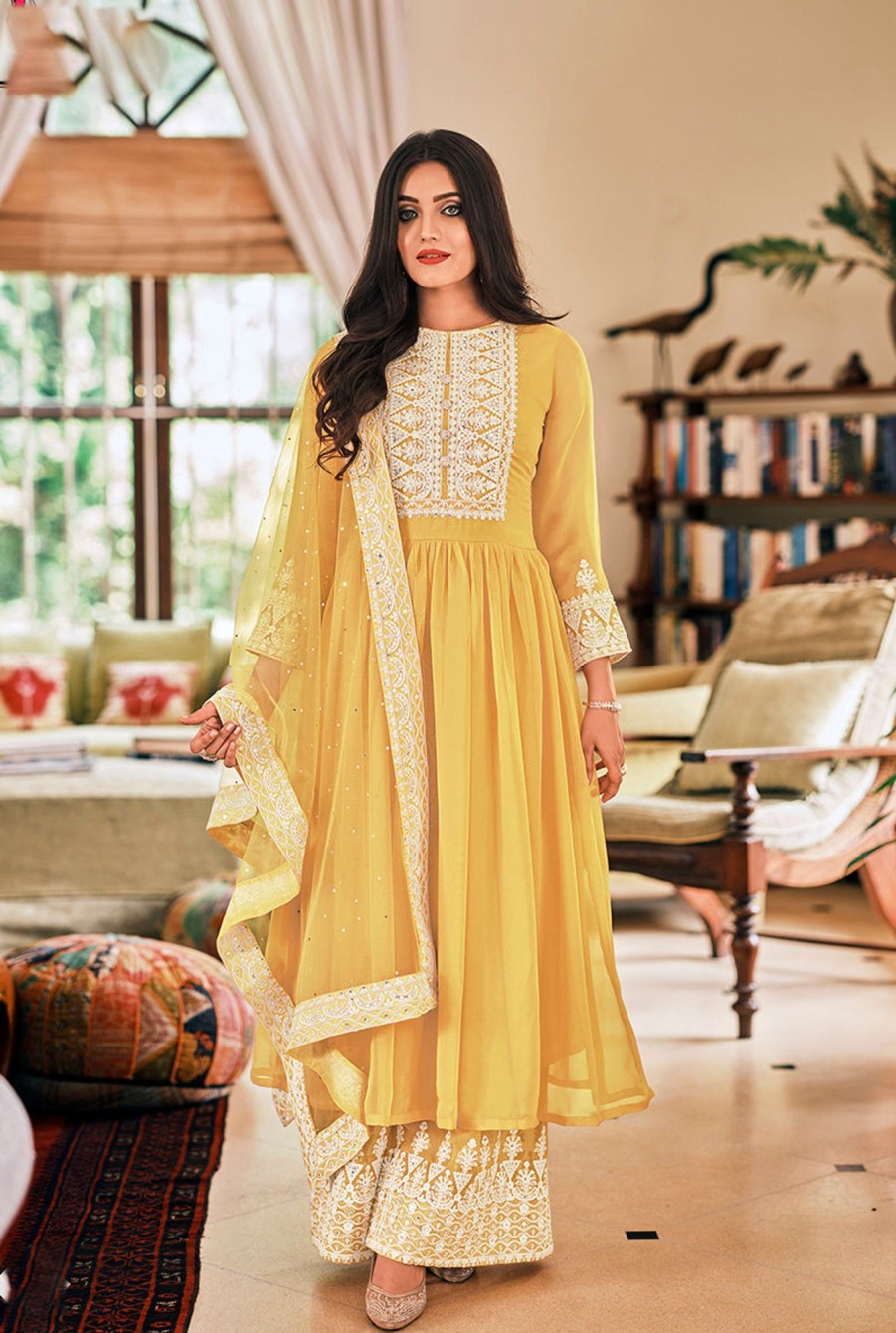 Women Monjolika | Women'S Yellow Color Georgette Embroidered Party Salwar Suit - Monjolika