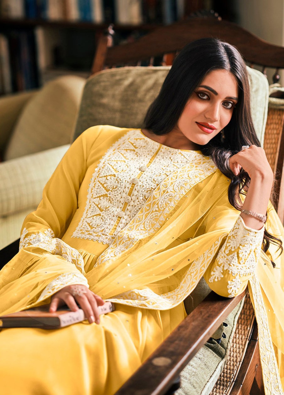 Women Monjolika | Women'S Yellow Color Georgette Embroidered Party Salwar Suit - Monjolika