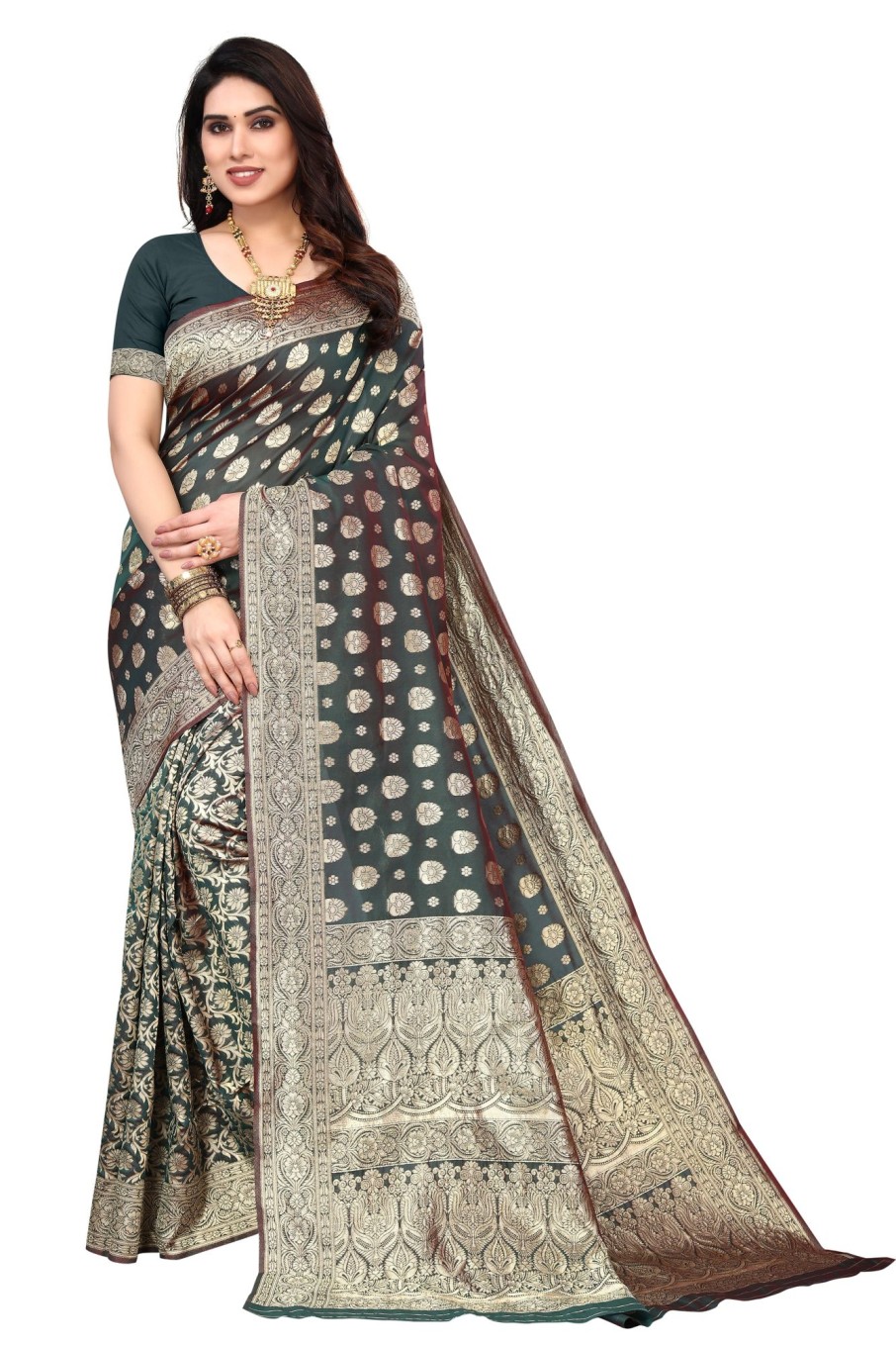 Women Varanga | Women'S Dark Color Banarasi Silk Saree With Blouse - Varanga Green