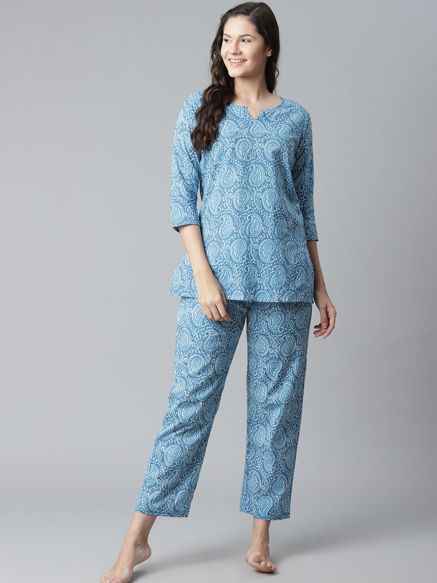 Women Wahe-NOOR | Women'S Blue Printed Cotton Nightwear - Wahenoor