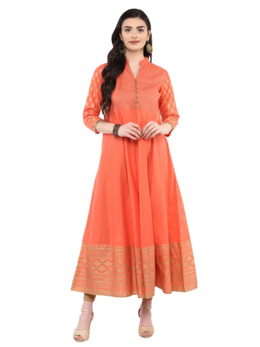 Women NOZ2TOZ | Women'S Coral Pink Festive Ajrakh Hand Block Printed Cotton Anarkali - Noz2Toz