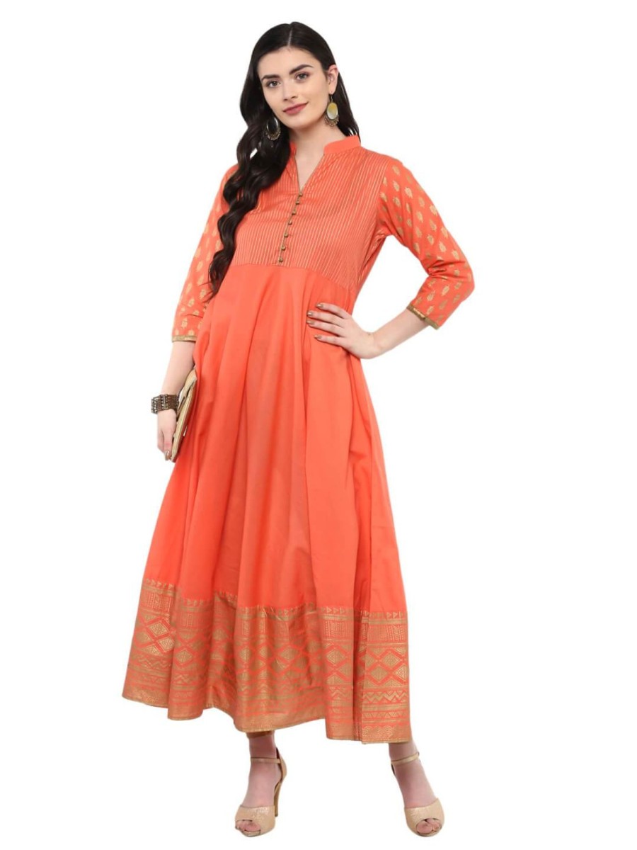 Women NOZ2TOZ | Women'S Coral Pink Festive Ajrakh Hand Block Printed Cotton Anarkali - Noz2Toz