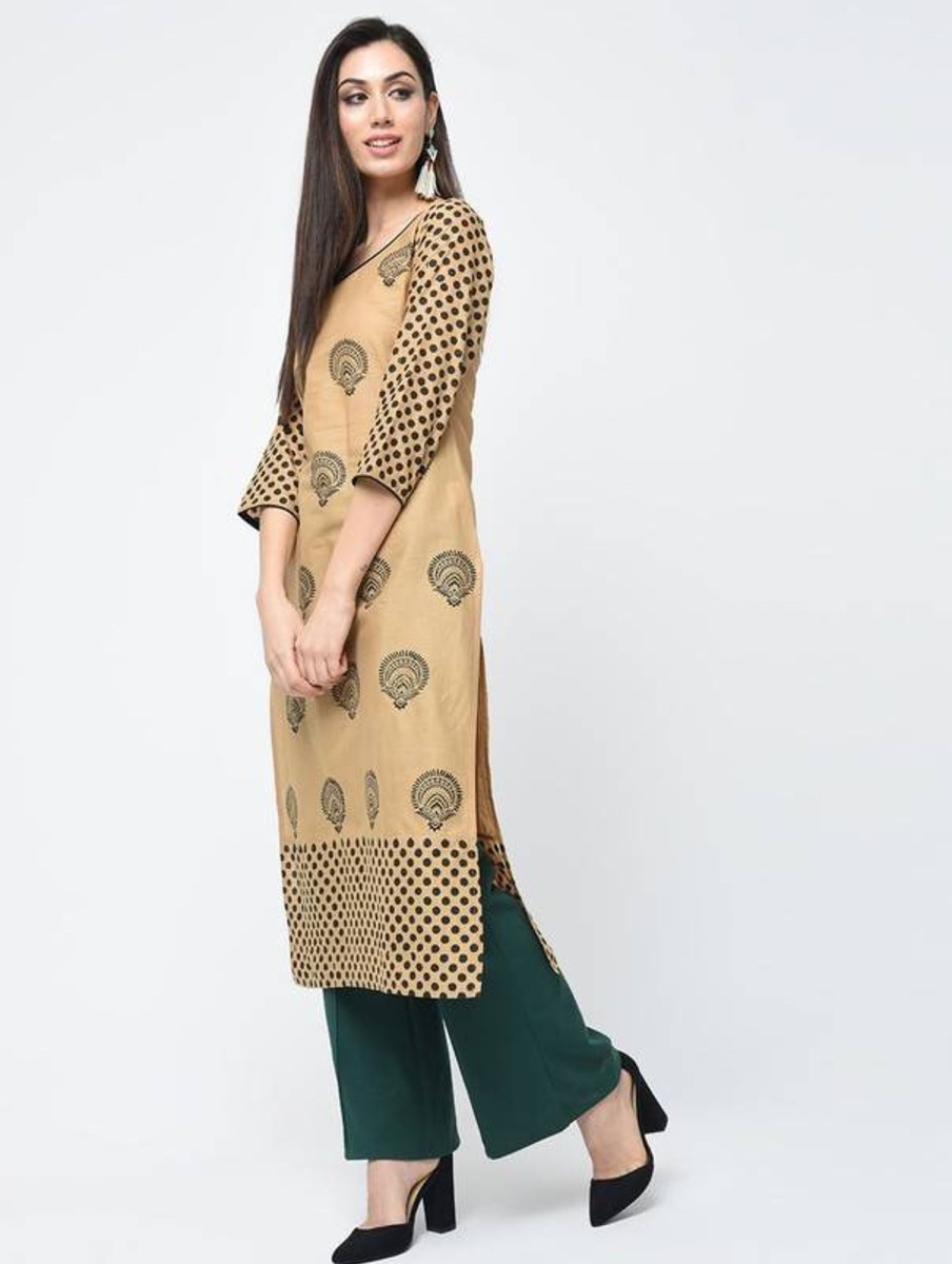 Women Aniyah | Women'S Block Printed Straight Kurta - Aniyah Beige