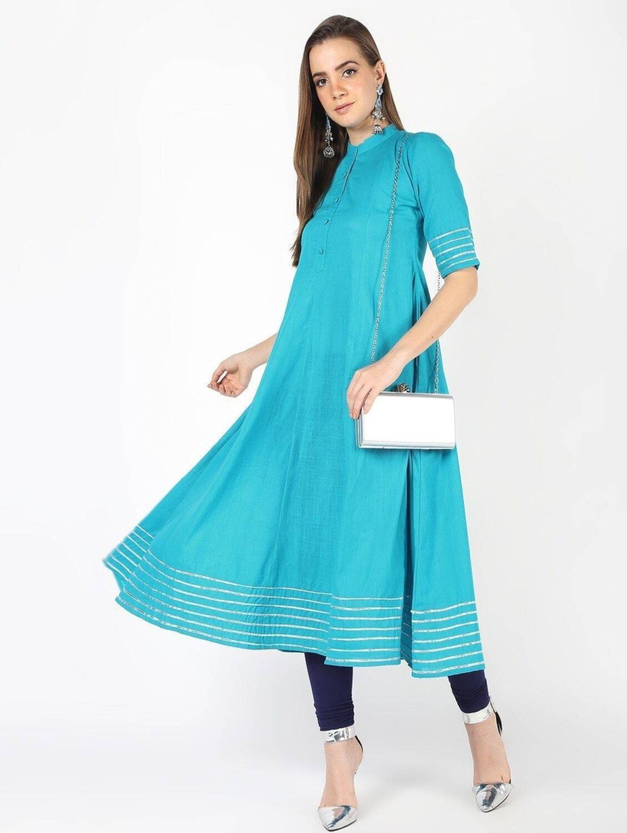 Women CHEERA | Women'S Sky Kalidar Anarkali Dress Cotton Kurta With Gotta Work - Cheera Blue