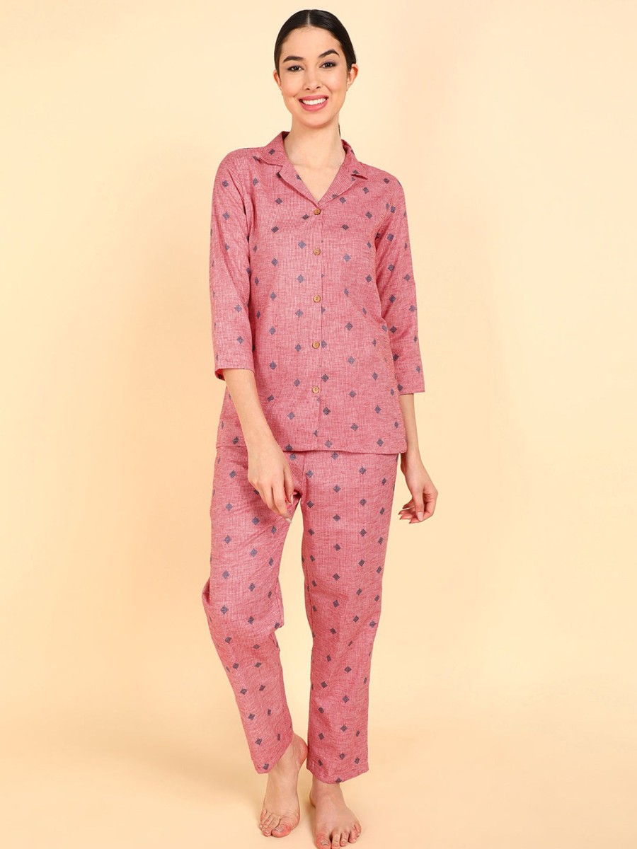 Women Ahika | Women'S Rose Gold Pure Cotton Conversational Printed Night Suit - Ahika Pink