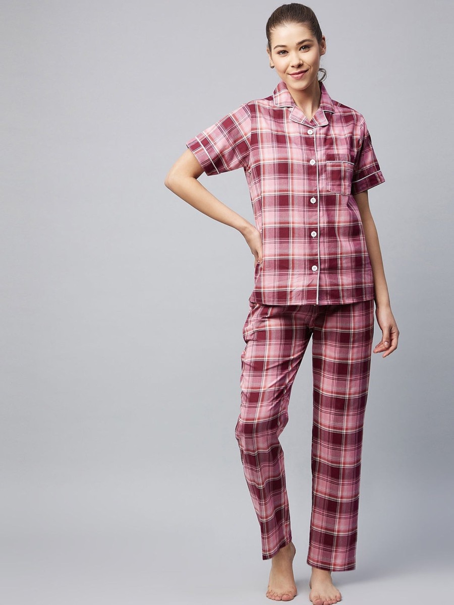 Women StyleStone | Women'S Cotton Pink Checkered Night Suit - Stylestone Maroon