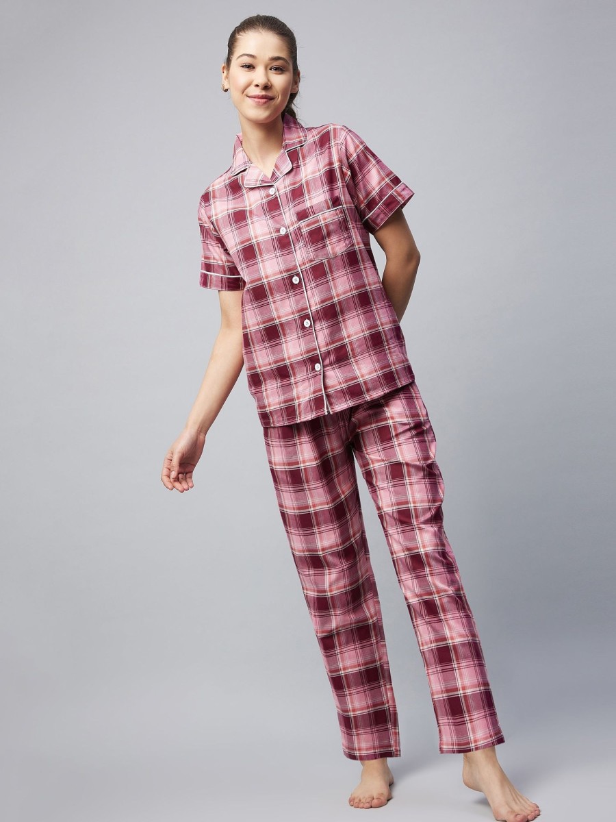 Women StyleStone | Women'S Cotton Pink Checkered Night Suit - Stylestone Maroon