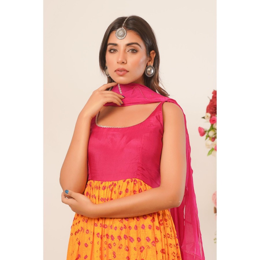 Women Rangpur | Women'S U0026 Magenta Bandhani Anarkali Kurta With Dupatta - Rangpur Yellow