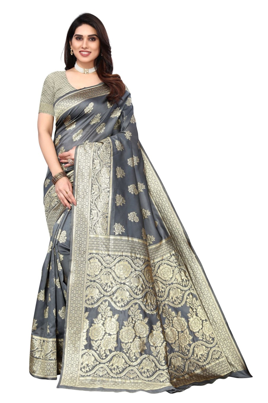 Women Varanga | Women'S Color Banarasi Silk Saree With Blouse - Varanga Grey