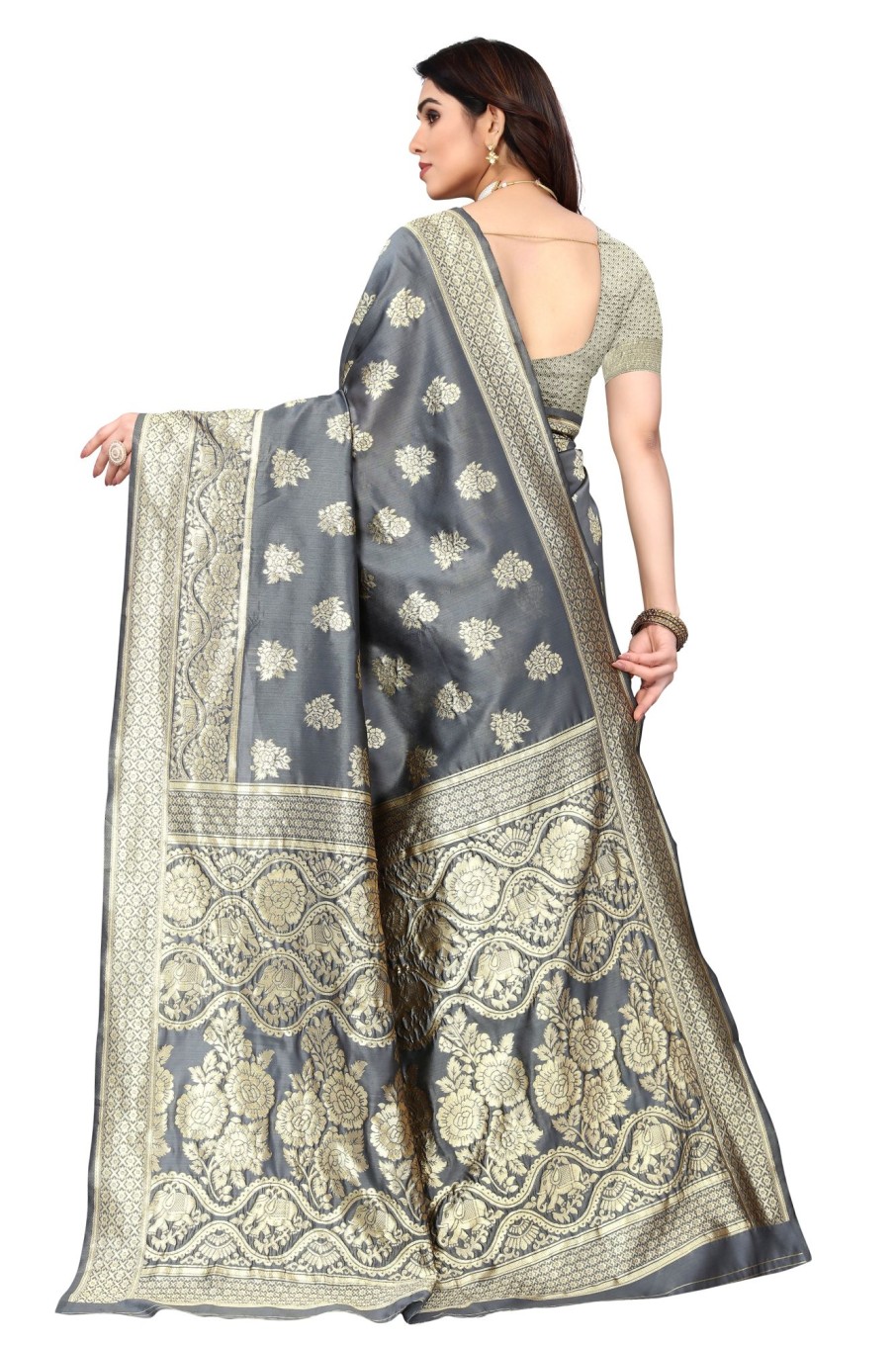 Women Varanga | Women'S Color Banarasi Silk Saree With Blouse - Varanga Grey