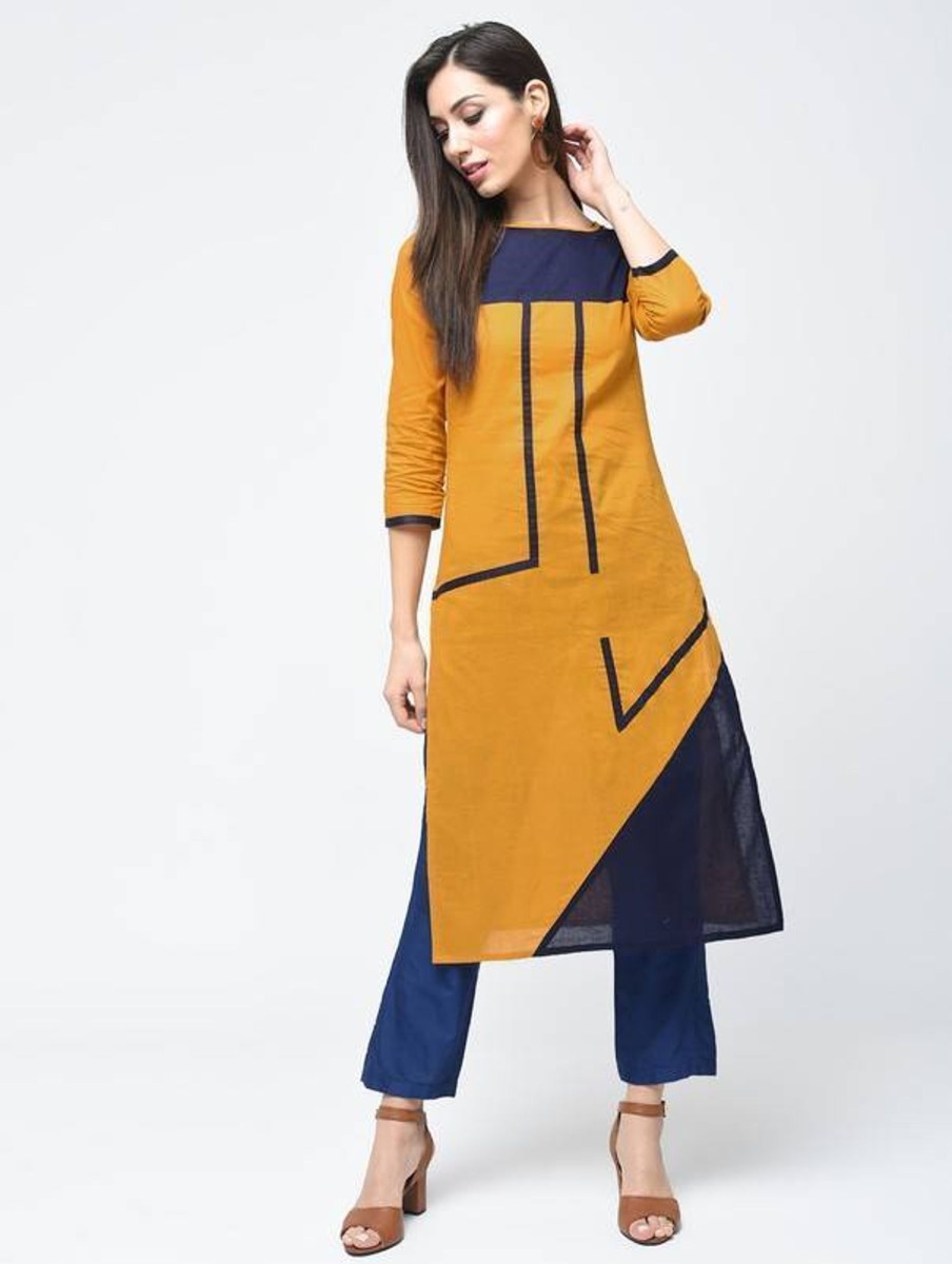 Women Aniyah | Women'S Color Block Straight Kurta Mustard