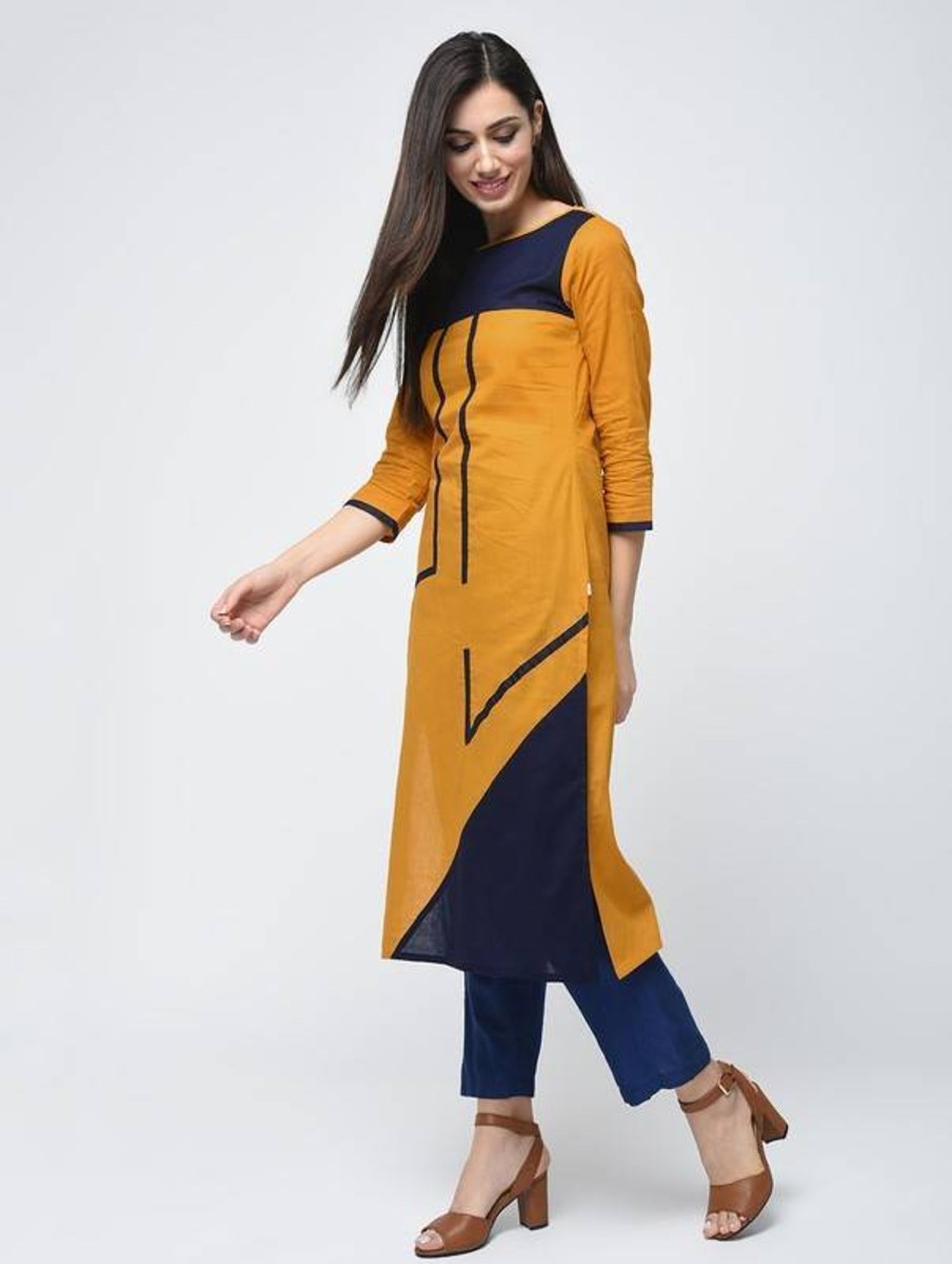 Women Aniyah | Women'S Color Block Straight Kurta Mustard