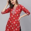 Women Nayo Clothing | Women'S Red Floral Printed Tunic With Three Quarter Sleeves - Nayo Clothing