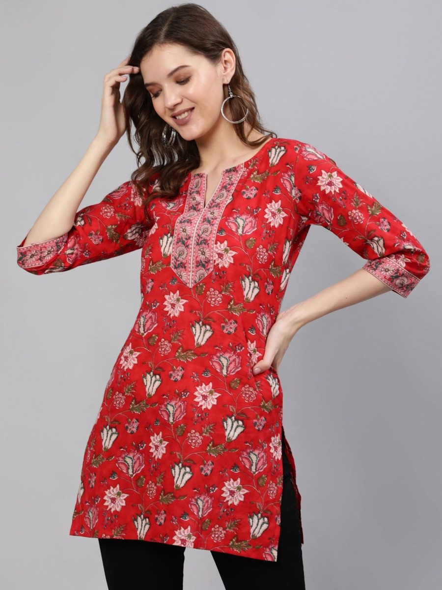 Women Nayo Clothing | Women'S Red Floral Printed Tunic With Three Quarter Sleeves - Nayo Clothing