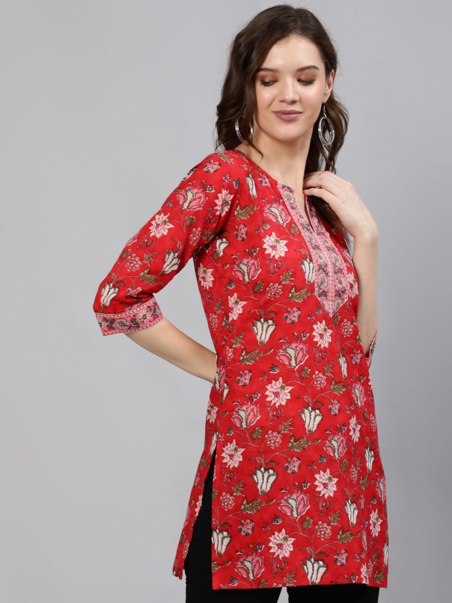 Women Nayo Clothing | Women'S Red Floral Printed Tunic With Three Quarter Sleeves - Nayo Clothing