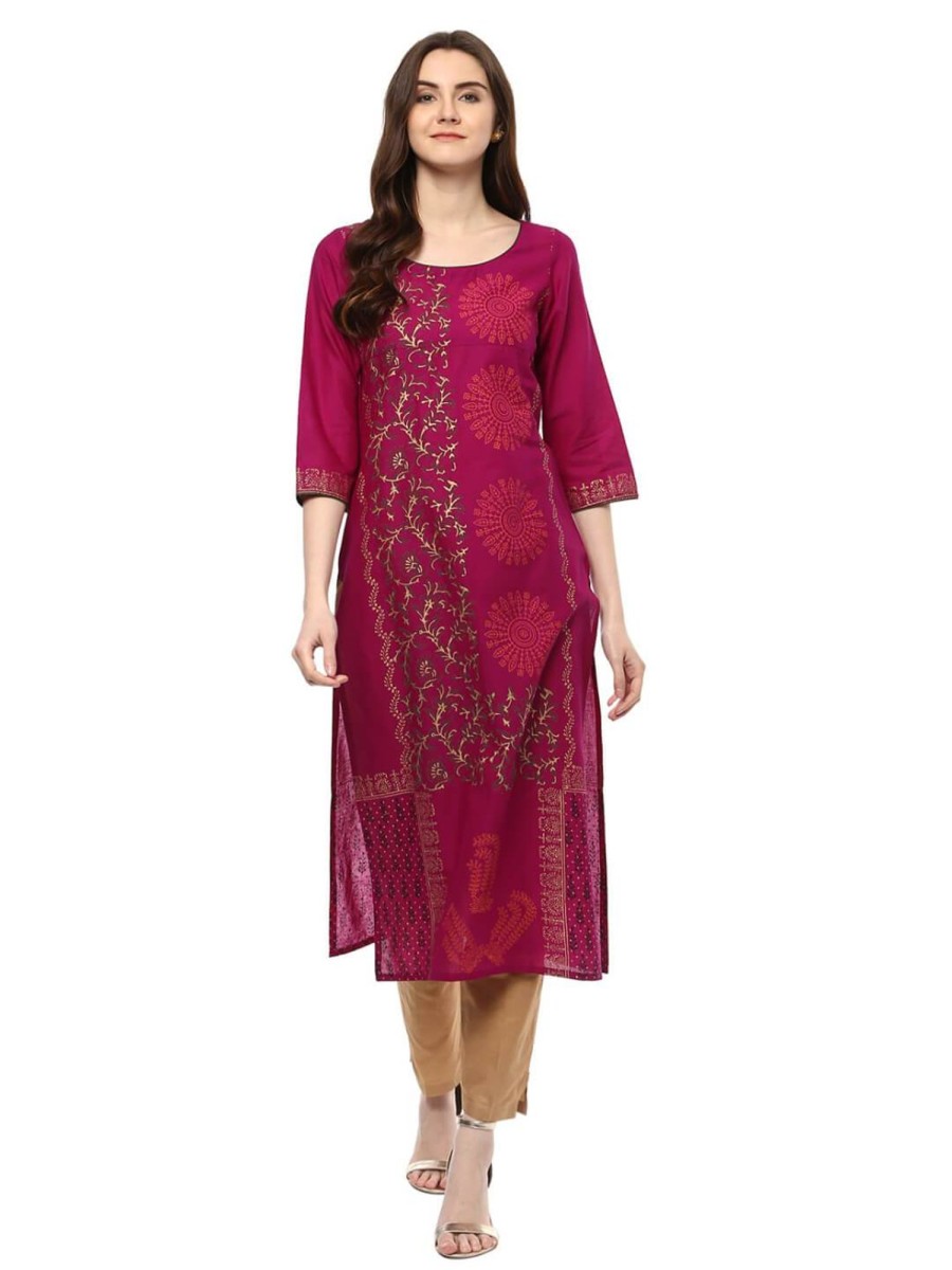 Women NOZ2TOZ | Women'S Classic Purple Tribal Print Ajrakh Hand Block Cotton Printed Straight Kurta - Noz2Toz