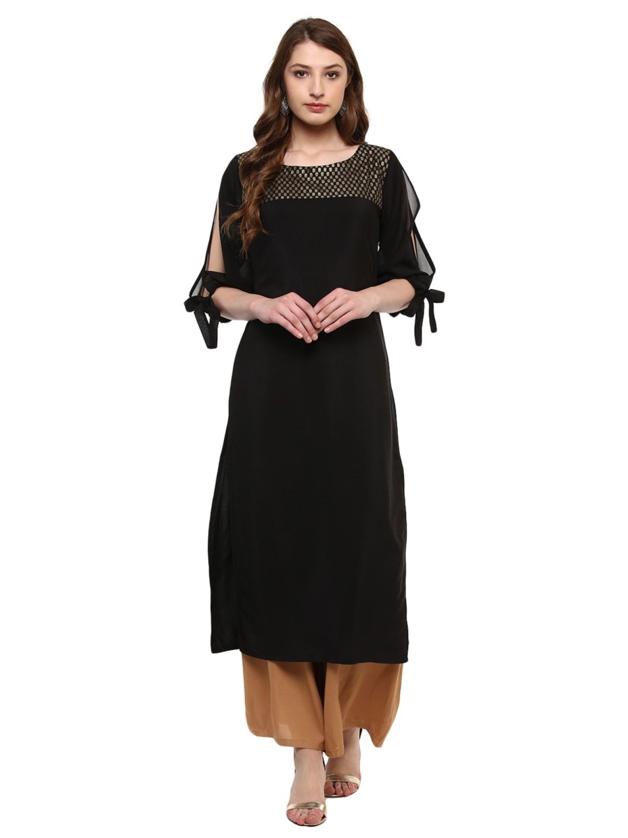 Women Ziyaa | Women'S Colour 3/4Th Sleeve Crepe Straight Kurta - Ziyaa Black