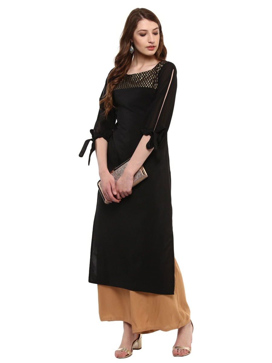 Women Ziyaa | Women'S Colour 3/4Th Sleeve Crepe Straight Kurta - Ziyaa Black