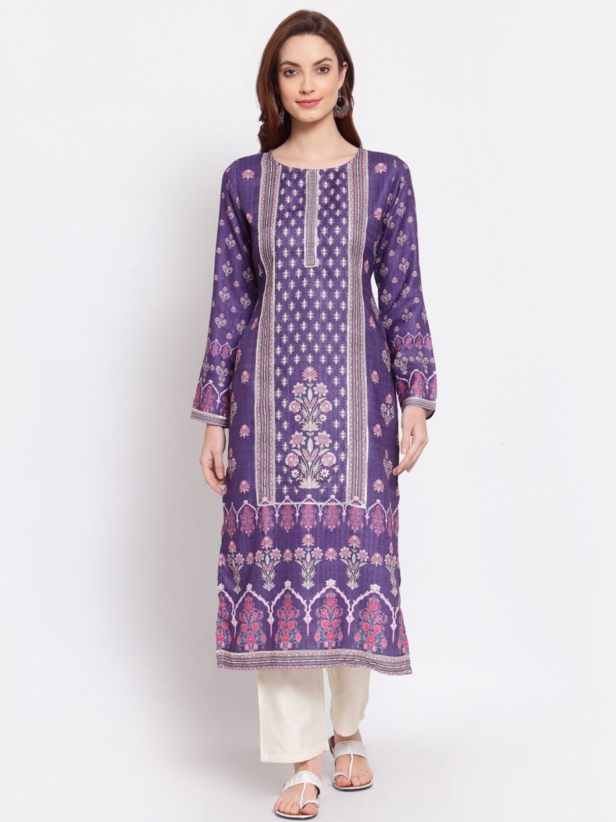 Women Myshka | Women'S Purple Printed Pashmeena Kurta By Myshka- (1Pc Set)