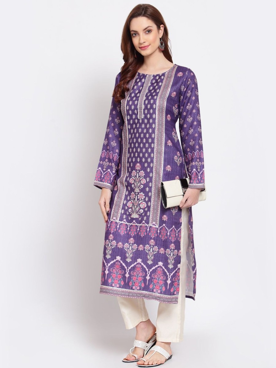 Women Myshka | Women'S Purple Printed Pashmeena Kurta By Myshka- (1Pc Set)