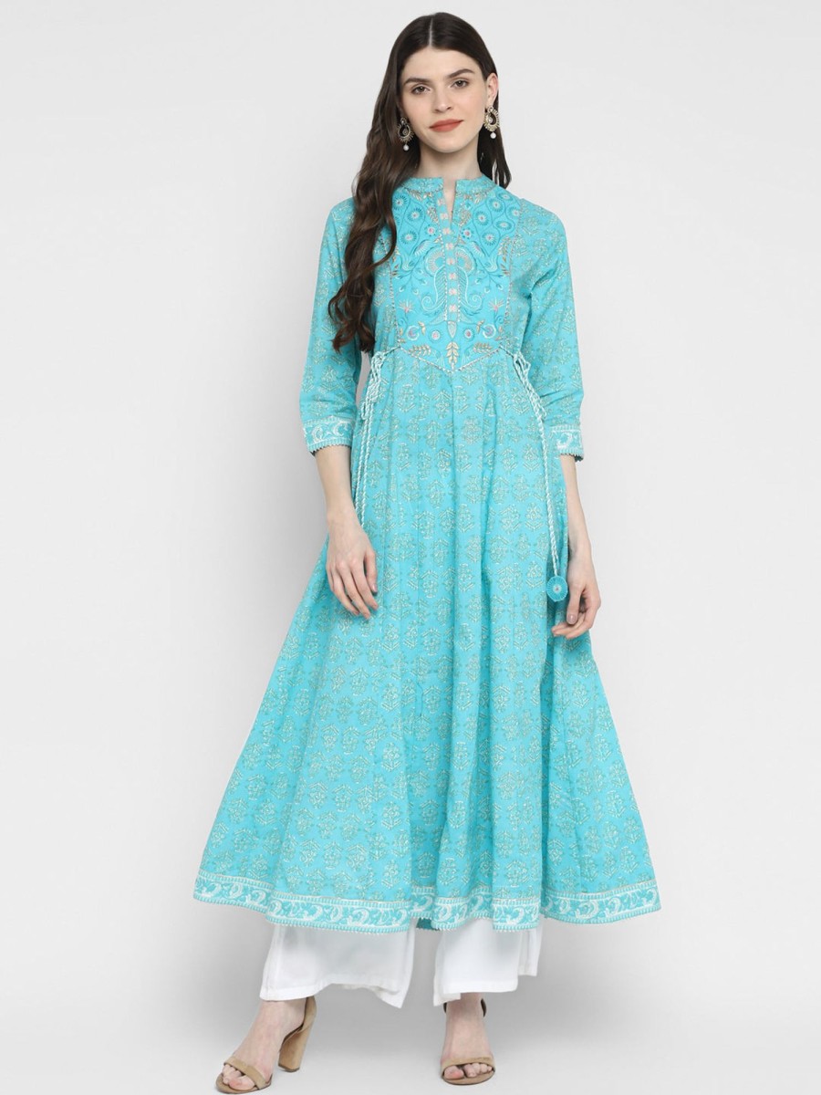 Women Vbuyz | Women'S Sky Blue Anarkali Cotton Kurta By Vbuyz (1Pc)