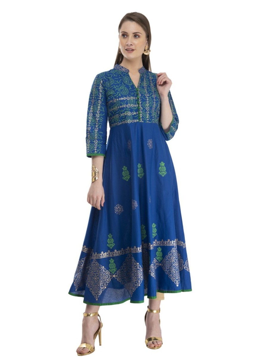 Women NOZ2TOZ | Women'S Royal Blue Cotton Anarkali With Ajrakh Hand Block Print - Noz2Toz