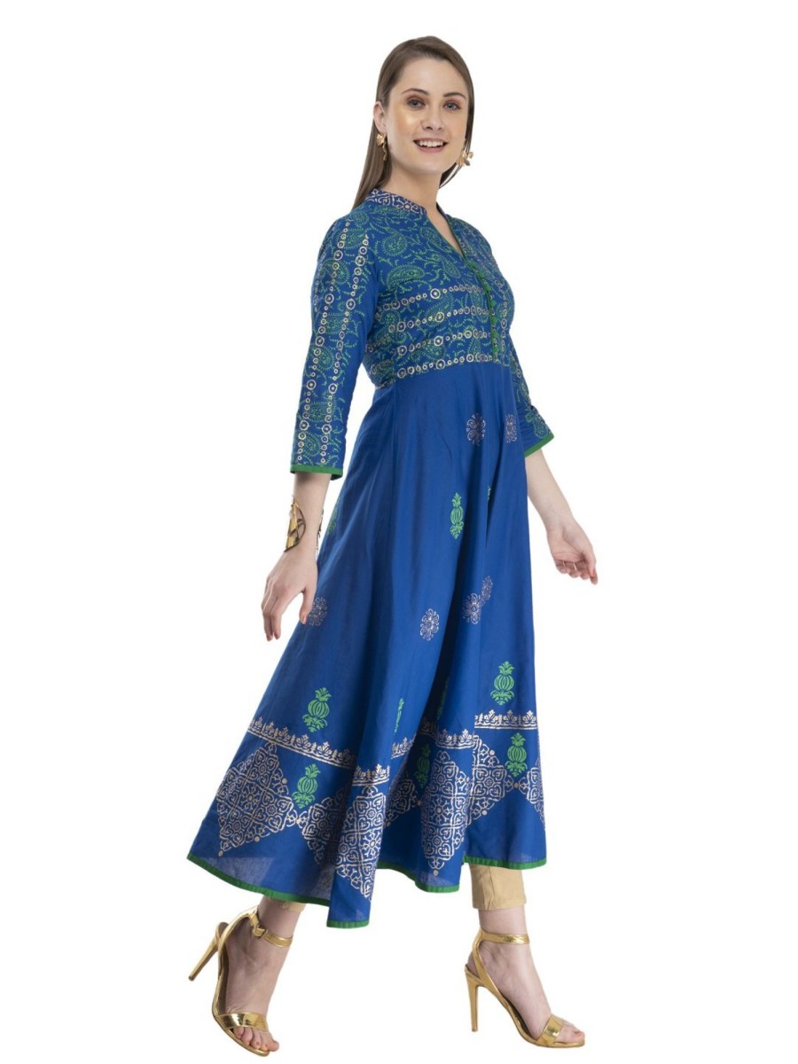 Women NOZ2TOZ | Women'S Royal Blue Cotton Anarkali With Ajrakh Hand Block Print - Noz2Toz