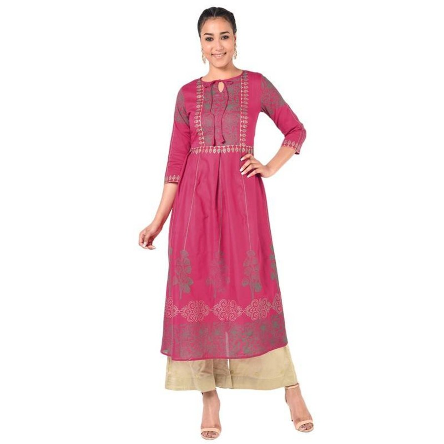 Women Aniyah | Women'S Gold Print A-Line Kurta - Aniyah Fuchsia