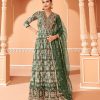 Women Monjolika | Women'S Dark Color Printed Georgette Designer Partywear Suit - Monjolika Green