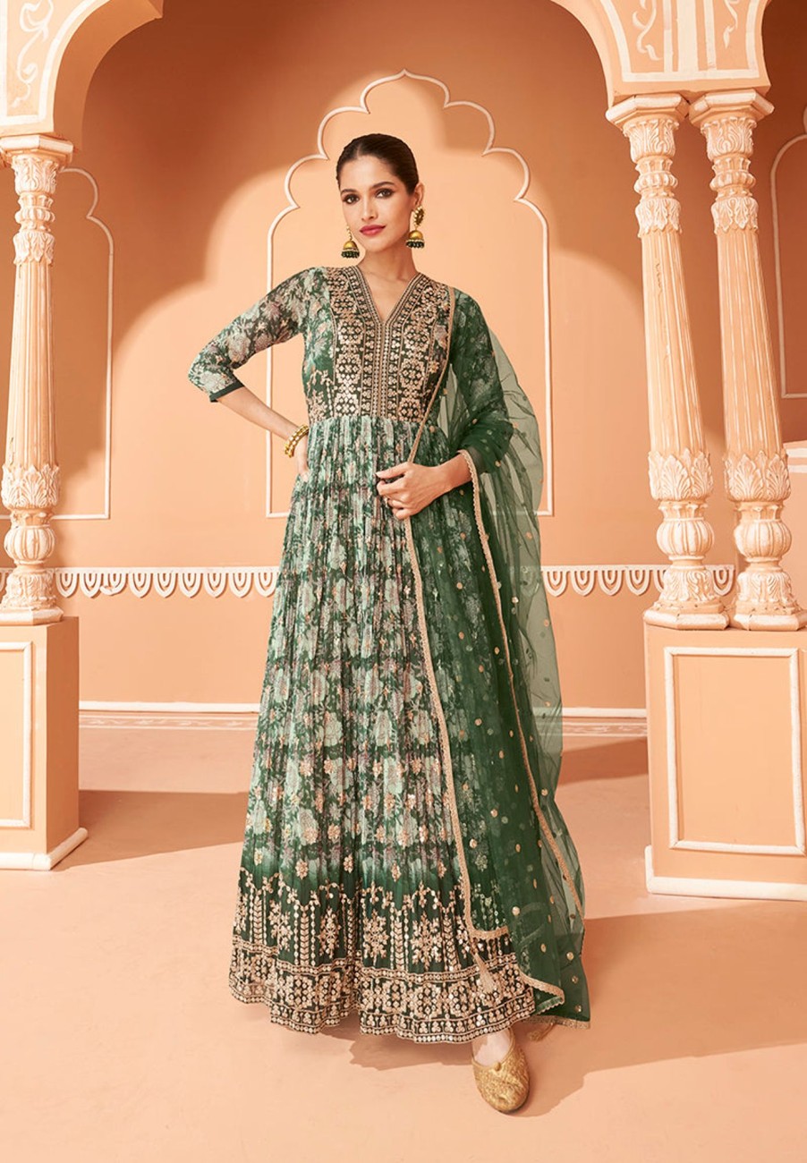 Women Monjolika | Women'S Dark Color Printed Georgette Designer Partywear Suit - Monjolika Green