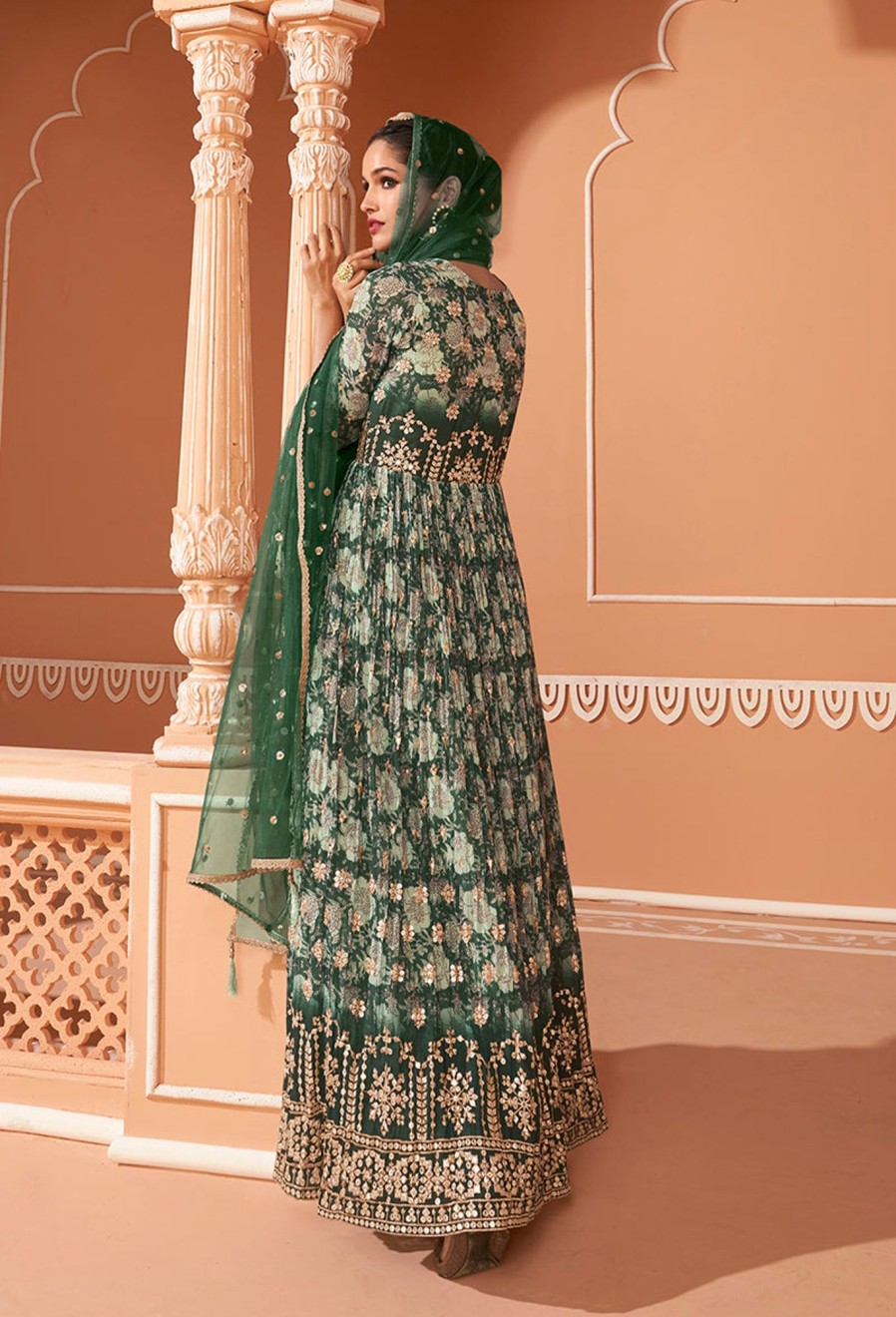 Women Monjolika | Women'S Dark Color Printed Georgette Designer Partywear Suit - Monjolika Green