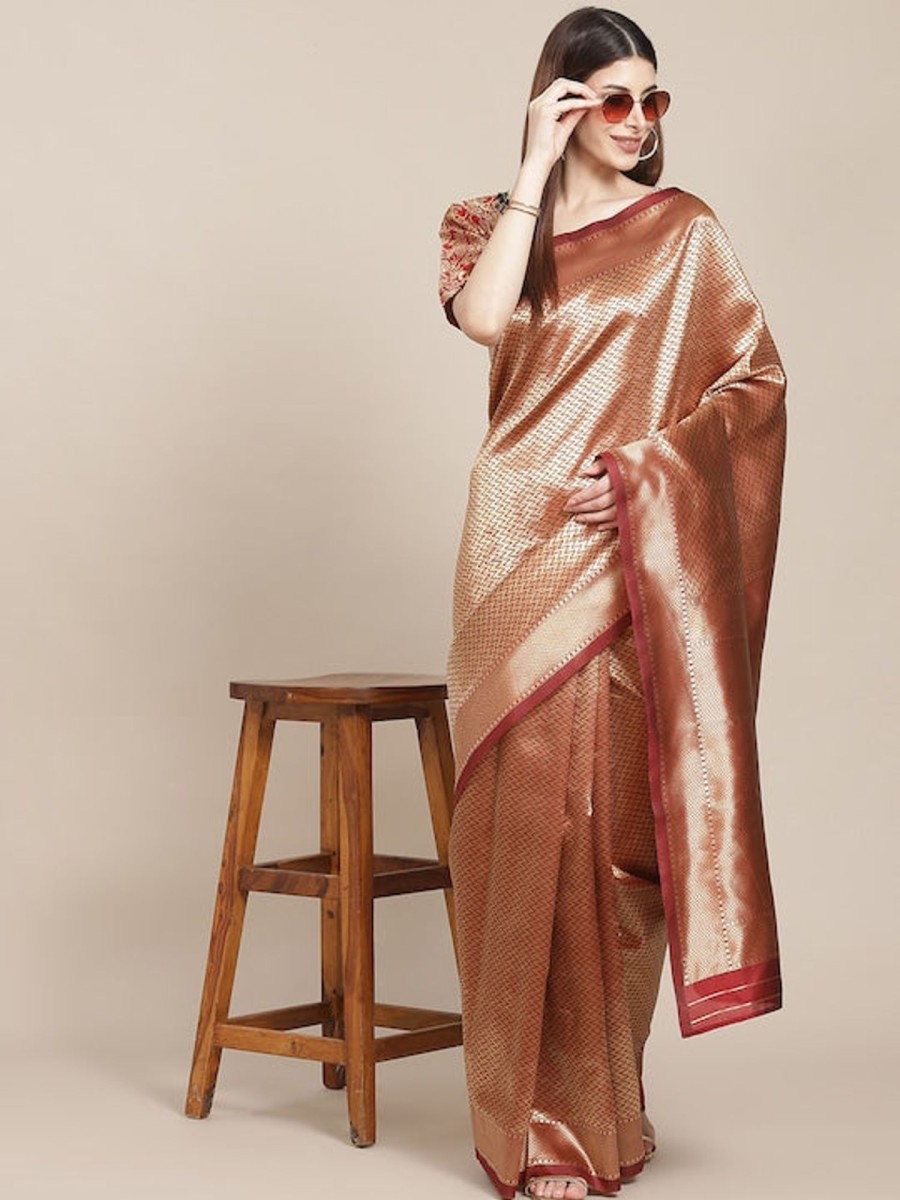 Women Varanga | Women'S Color Banarasi Silk Saree With Blouse - Varanga Brown