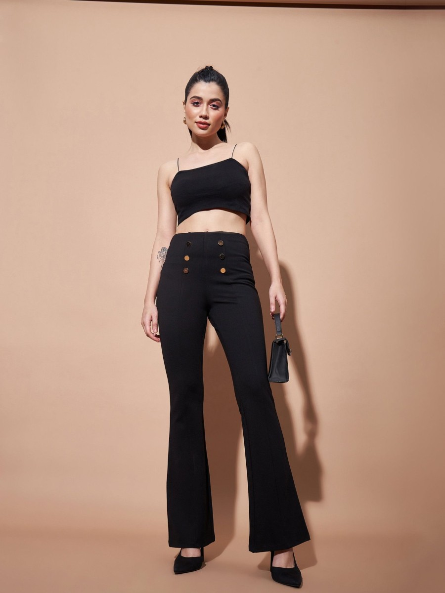 Women Lyush | Women'S Black High Waist Gold Show Buttons Pants - Lyush