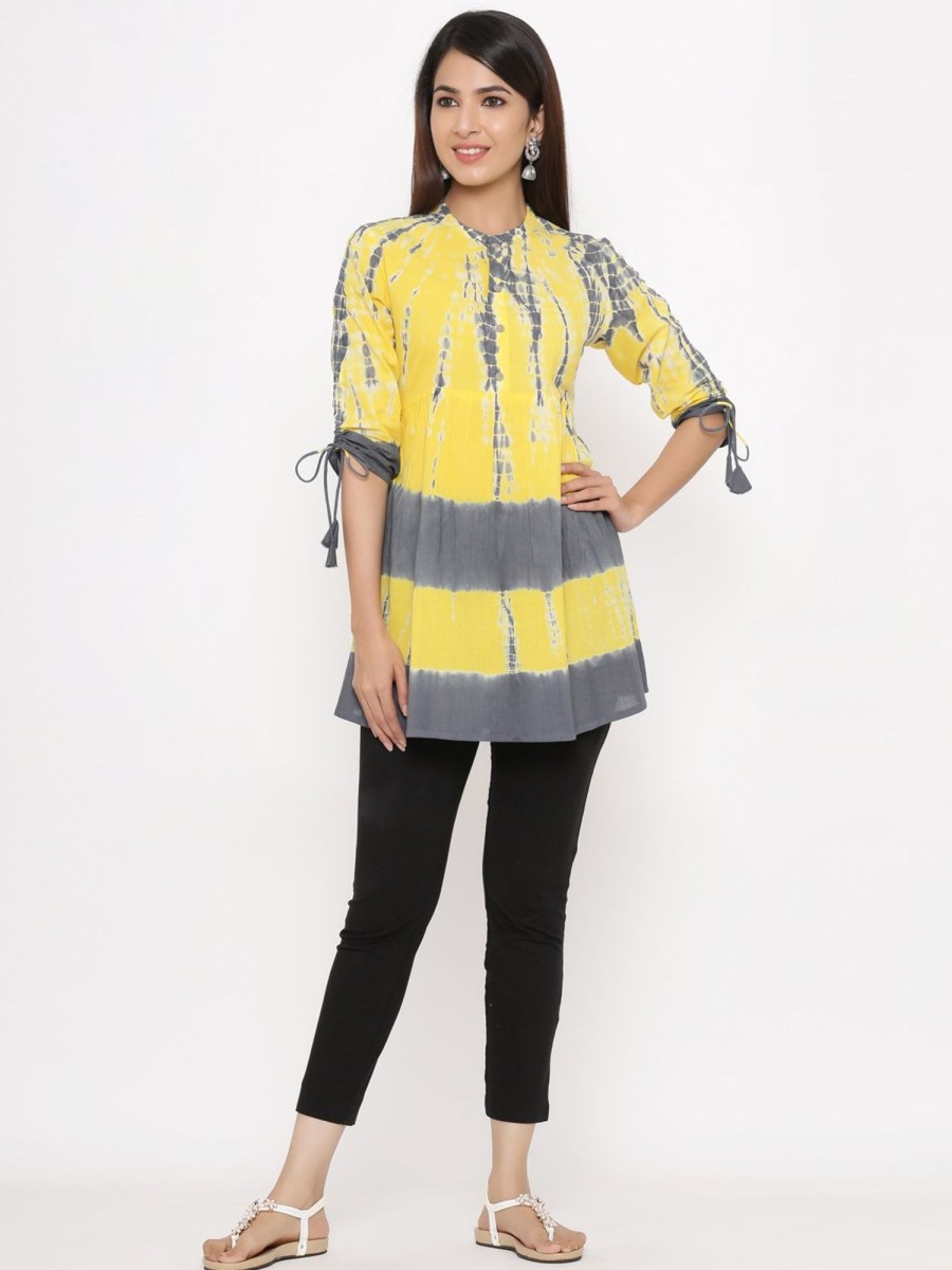 Women Kipek | Women'S Tie Dye Cambric Tunic By Kipek (1 Pc Set) Yellow