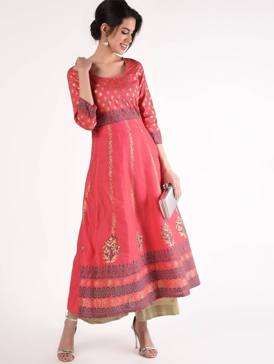 Women CHEERA | Women'S Peach Cotton Gold Print Anarkali Kurta Only - Cheera